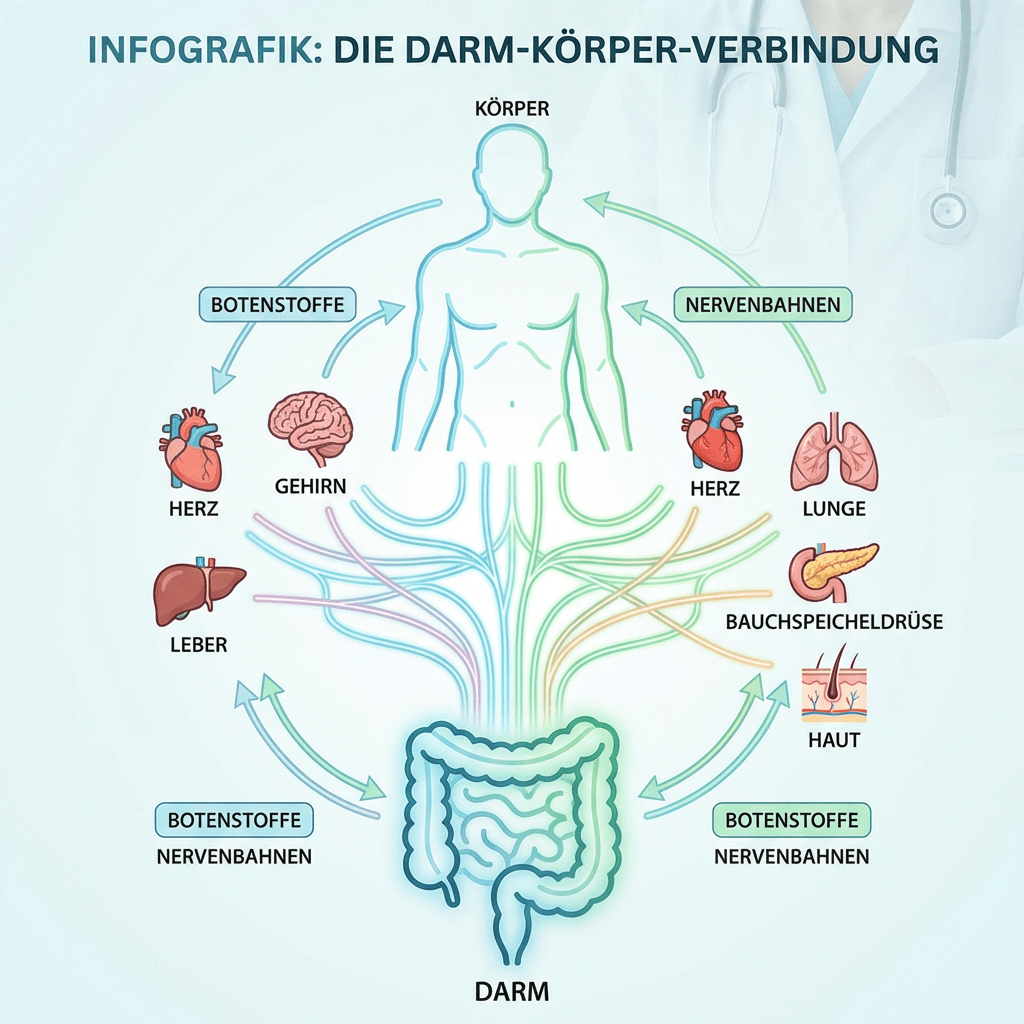 Infographic 'Die Darm-Körper-Verbindung' showing biological links between the gut and various organs.